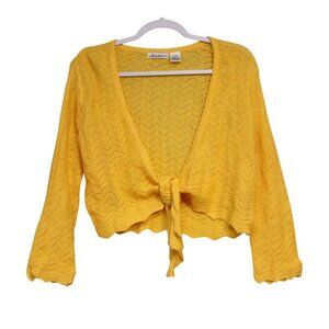 Vintage Y2K Tie Front Cardigan Large Vibrant Yellow Knit Festival Retro Ramie